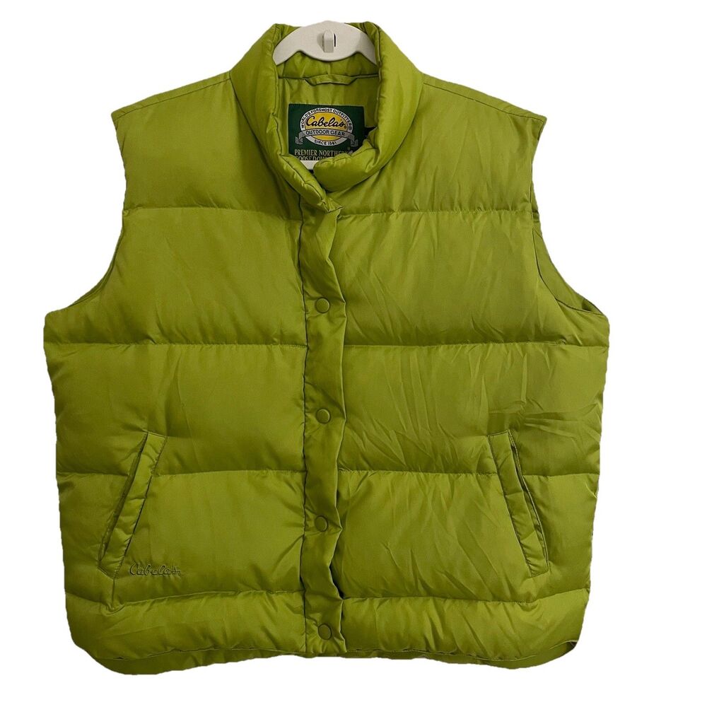 Cabela's Puffer Vest Womens Large Lime Green Premier Northern Goose Down Jacket